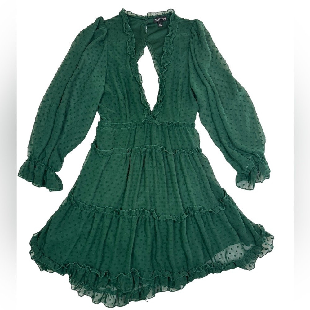 Justify Green Swiss Dot Long Sleeve Ruffle Mini Dress Size L